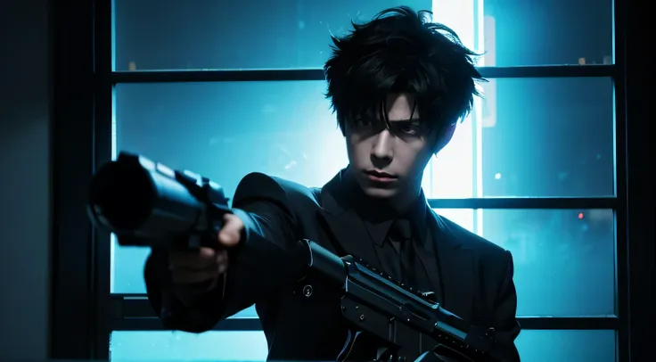 art style in the style of psycho-pass, dominator gun, anime, kogami, wielding dominator gun, dark metro, window with light, nigh...