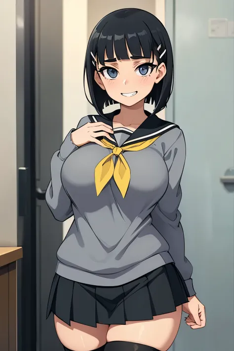 1 hot girl, dark hair, dark grey eyes, grin, gorgeous, aasugu, short hair, hairclip, grey sweater, black sailor collar, yellow neckerchief, black skirt, large breasts, thighhighs