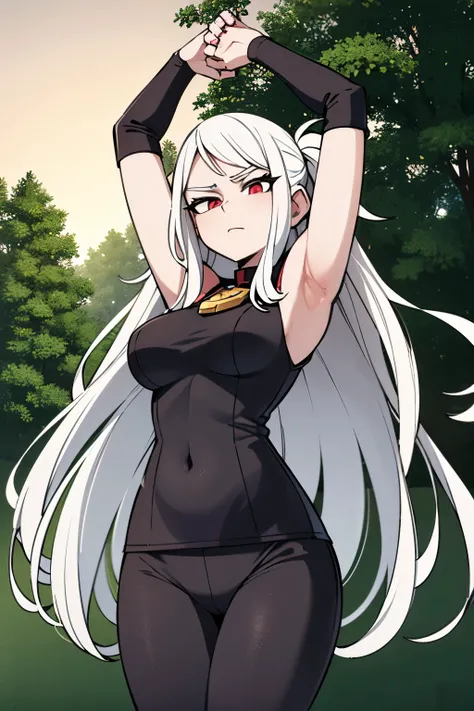 My Hero Academia anime scene. Teenage girl with long wavy white hair, red eyes with a star inside them, pale skin. She has a tight-fitting black blouse and loose white pants. Shes kicking in the air, shes practicing karate.Behind her are trees and bushes. ...