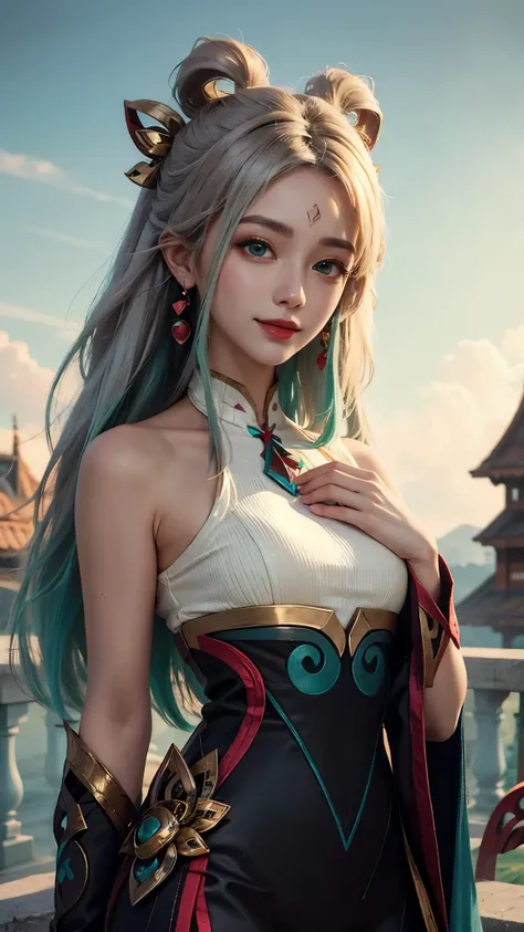 (masterpiece, best quality:1.2), intricate details, mythmaker irelia, 1girl, hair ornament, hair rings, bare shoulders, dress, detached sleeves, forehead mark, multicolored hair, white hair, earrings, green eyes, textured skin, looking at viewer, solo, lig...