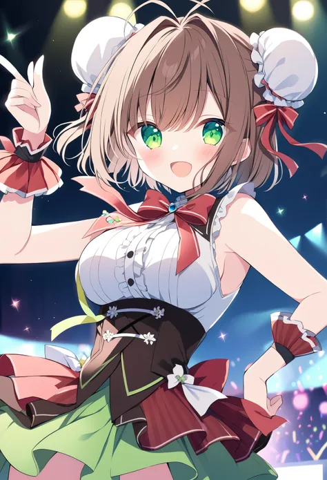 asakurayume, brown hair, short hair, antenna hair, double bun, hair bun, bun cover, green eyes, , large breasts, live stage, solo,