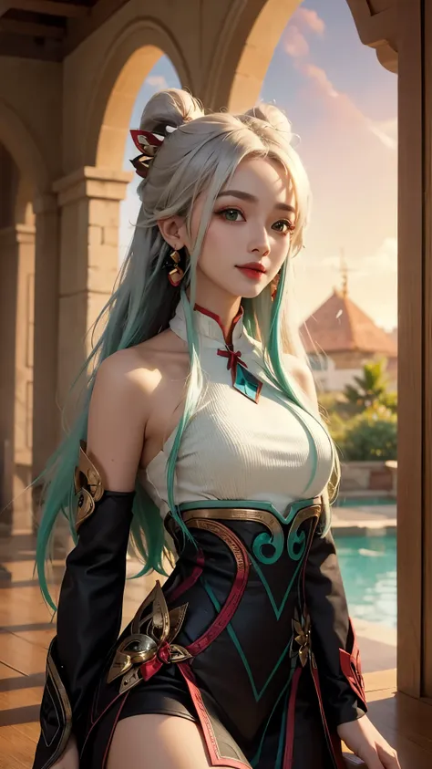(masterpiece, best quality:1.2), intricate details, mythmaker irelia, 1girl, hair ornament, hair rings, bare shoulders, dress, detached sleeves, forehead mark, multicolored hair, white hair, earrings, green eyes, textured skin, looking at viewer, solo, lig...