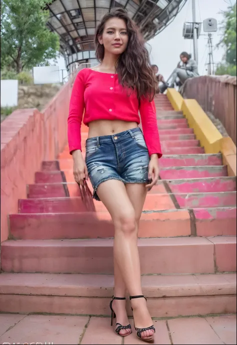 a slim girl 1.56 meters tall, full body standing on a step with her right foot slightly raised, wearing fuchsia high openwork heels, beautiful detailed eyes, beautiful detailed lips, extremely detailed eyes and face, long eyelashes, pose elegant, intricate...