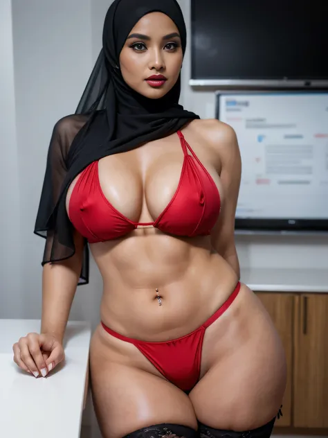 (portrait), (camera view slightly from above), (full body photo), A gorgeous matured teacher sit on a chair behind white board,((35 year old)), ((malay women)), slightly curvy fit body shape, bigger ass, huge heavy busty,huge thighs, wearing ((provoking da...