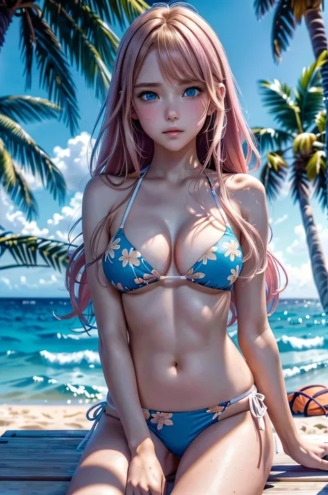 This is a close-up shot of a young anime girl in a bikini on the beach:1.4),(solo:1.4),(1girl:1.4),(long golden hair:1.3),(blue eyes:1.2),(floral bikini top:1.3),(white bikini bottom:1.2),(navel:1.1),(sitting on the beach:1.3),(palm trees in the background...