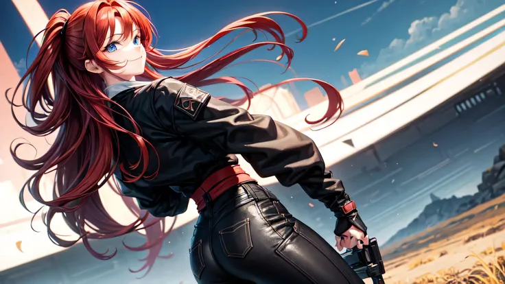 one sassy 23-year-old girl with medium long light red hair, tomboy, blue eyes, wearing black pants ninja gear, epic angle, profile photo, uwu, smiling, simple, high-quality image, taller body, smaller, big bubble butt, having fun, slightly tilting head, pe...