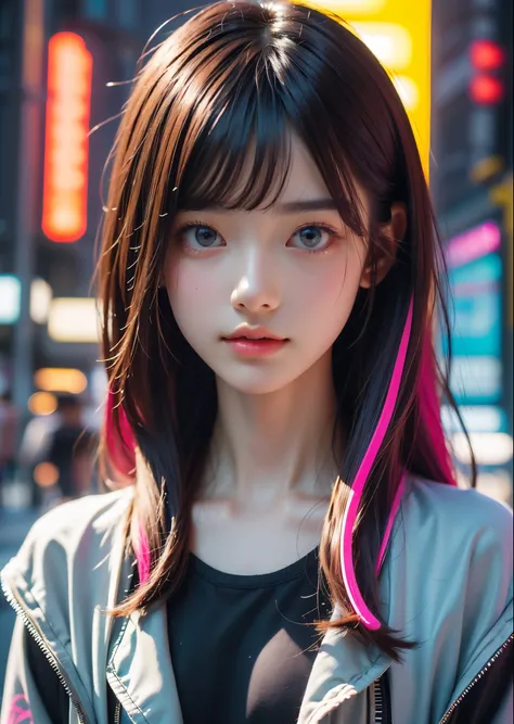 (masterpiece, highest quality, highest quality, Official Art, beautifully、aesthetic:1.2)、Portrait Photography、 (Cyberpunk fashion beautiful girl 1 person)、Big iridescent eyes、Beautiful skin、Expressionlesoderate breast size、（Pink and blue long hair with ban...