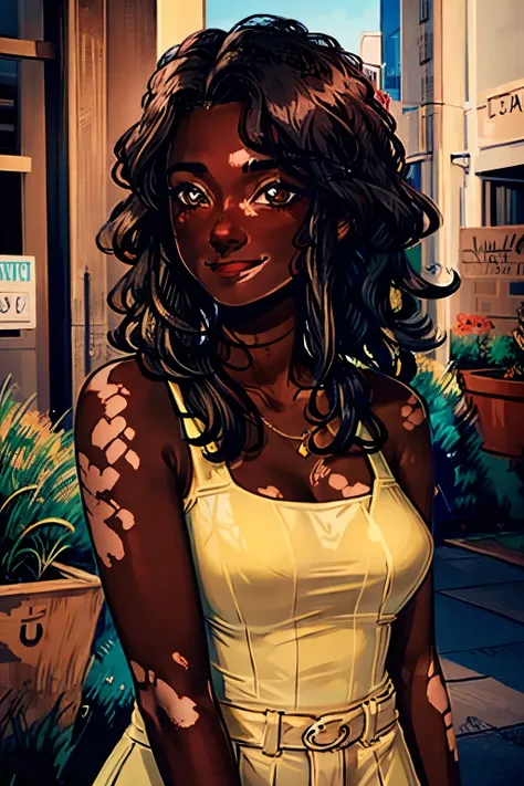 dark skin, vitiligo, tongue out, yellow summer dress, innocent smile, plump body, street