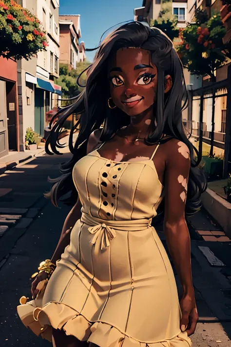 dark skin, vitiligo, tongue out, yellow summer dress, innocent smile, plump body, street