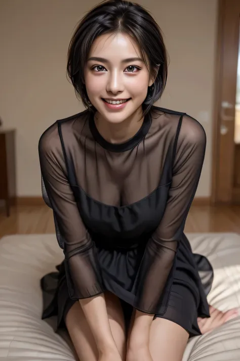 (1 Ultimate beauty), middle aged, Very detailedな顔, Beautiful brown eyes, Star-shaped pupil, double eyelid, eyelash, Beautiful Teeth, Lip details, Short black hair, (Colorful Casual Dresses), Grin, Thighs, Perfect lighting, (Photorealistic:1.4), (Very detai...