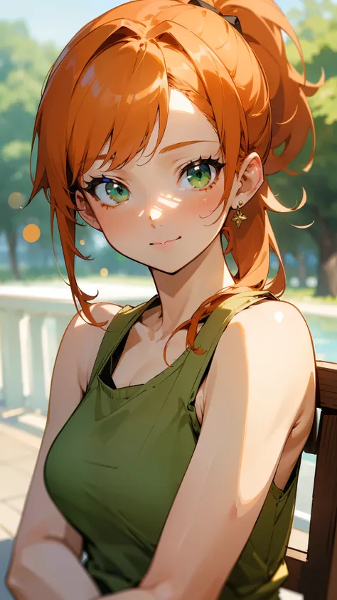 (masterpiece, highest quality)、Intricate details、8k、Sharp focus、(Bokeh) (highest quality) (Detailed skin:1.3) (Intricate details) (8k) (Fine grain) (anime)、Orange Hair、Ponytail、Green Eyes、Beautiful Eyes、Khaki tank top、Upper body close-up、Morning Cafe Terra...