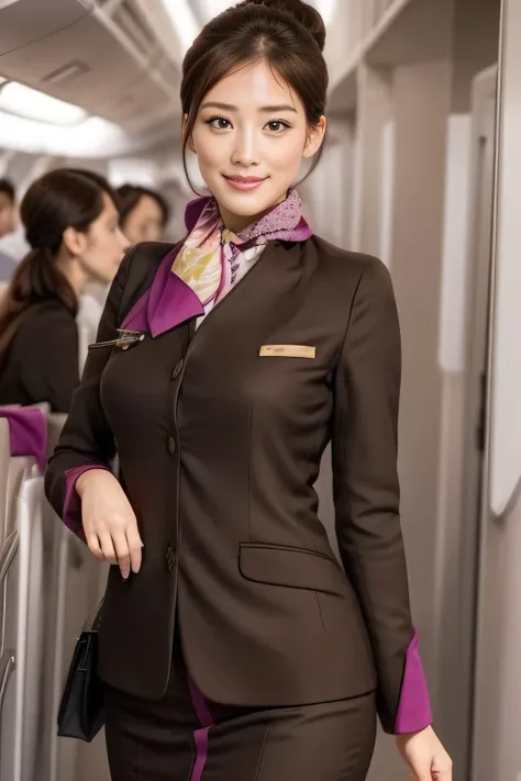 (masterpiece:1.2、highest quality:1.2)、32K HDR、High resolution、(alone、1 girl、Slim figure)、（A realistic reproduction of the ETIHAD Airways Cabincrew Uniform）、 (On board, Professional Lighting)、Background on board、A proper woman, Beautiful Face,、（Long sleeve ...