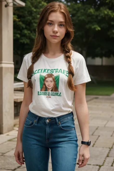 15 year old caucasian. medium length, wavy, auburn hair either loose or in a braid. green eyes. fair complexion with few freckles. casual, geek chic clothing, including graphic tees, jeans, sneakers. wears smartwatch