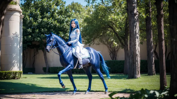 ((masterpiece, highest quality)),(figure),(detailedLight),((Very delicate and beautiful)),One girl,Godolphin Arabian,long hair,blue hair,Green Eyes,Horse&#39;s ears,Horse Girl,hair_ornament,White Dress, Exposing shoulders, ,No sleeve,Evening Dresses,Long d...