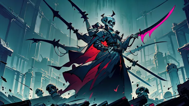 Wearing a black coat，skull head，Holding a 40-meter sword in the right hand and a small knife in the left hand，Prince of Darkness，Anime comic style，style artwork