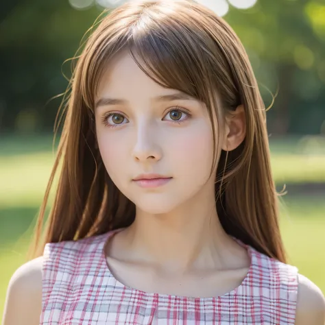 one girl, (a beauty girl, delicate girl:1.3), (13 years old:1.3),
break, (pink plaid casual dress:1.3),
break, extremely fine-grained clarity, (symmetrical eyes:1.3),
break, (lush park:1.3), 
break, small breasts, brown eyes, parted bangs, brown hair,  gir...