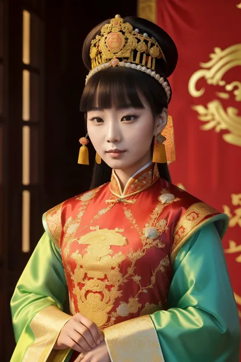 China, 1491. A young ((Zhang Empress)), in a clear luxurious palace, ((((chinese royal clothings from the 1490s)))), ((hairstyle of the 1490s)), ((colorful, luminous))