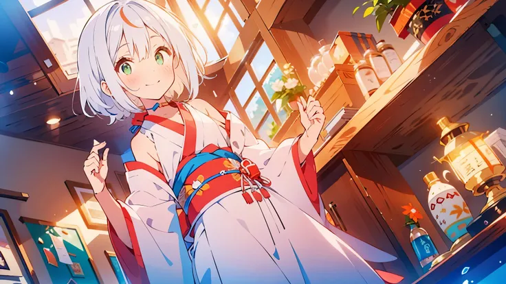 masterpiece, best quality, (((color trace))),looking at viewer,((short stature))
1girl, solo, open eyes,smile, standing, ((( white hair ))),green eyes,grim eyes, pigtail, blush, shortcut hair, small breasts, bare shoulders,day,Shrine eaves,kimono,Miko cost...