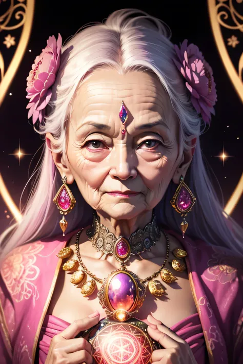 A shining old lady adorned with various jewels，Staring straight into the camera， in the center，Very bright color, Light Particles, The light shines, Musibu, Wallpaper Art, UHD Wallpaper,Background pink、Divination for meditation、Mysterious