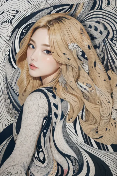 ((masterpiece:1.2, best quality)), very detailed, Ultra-precise depictions, very detailed 묘사, (Zentangle:1.2), (dynamic pose), (abstract background:1.5), Waves long hair, blonde hair, 1 woman, fancy, portrait, Colorful backgrounds,