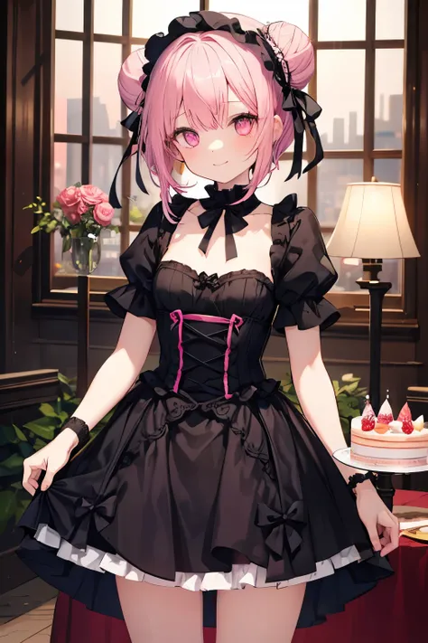 Pink Hair、Pink Eyes、girl、Small breasts、Bun Hair、girl、Small breasts、Lolita、Bright smile、Looks about 15 years old、Petan Musume、Short、目のhighlight、Sexy thighs、Have a cake、Rose Gothic Lolita Dress Costume、Your eyes are so beautiful、highlight