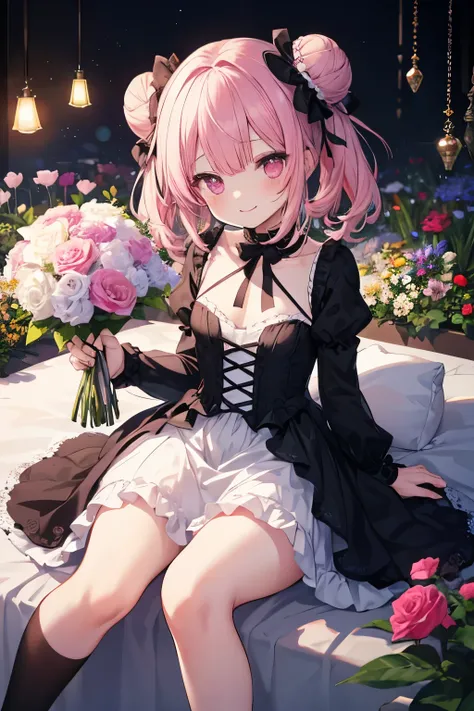 Pink Hair、Pink Eyes、girl、Small breasts、Bun Hair、girl、Small breasts、Lolita、Bright smile、Looks about 15 years old、Petan Musume、Short、目のhighlight、Sexy thighs、Flower Garden、color々The flowers are still blooming、bouquet、Rose Gothic Lolita Dress Costume、Your eyes...