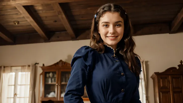 A Czech woman in her 30s in 1910, Wearing a navy blue medieval dress, medium hair with waves, Dress with shoulder pads, smiling face, Inside an ordinary house in Europe, 1910