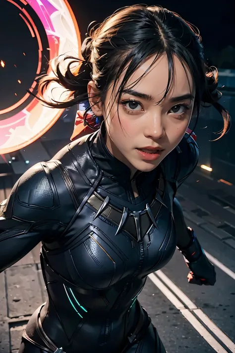 (best quality,highres:1.2), realistic, vibrant colors, detailed face and expression, fierce gaze, powerful stance, , glowing vibranium claws, night scene, strong lighting, superhero, action-packed, dynamic pose, 1 girl, Black panther suit,