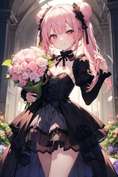 Pink Hair、Pink Eyes、girl、Small breasts、Bun Hair、girl、Small breasts、Lolita、Bright smile、Looks about 15 years old、Petan Musume、Short、目のhighlight、Sexy thighs、Flower Garden、color々The flowers are still blooming、bouquet、Rose Gothic Lolita Dress Costume、Your eyes...