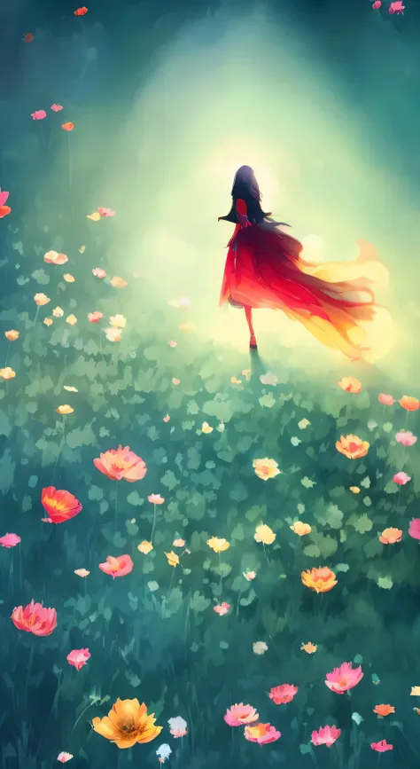 a woman in a red dress is walking through a field of flowers, a beautiful artistic chalk illustration, beautiful digital illustr...