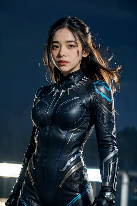 (best quality,highres:1.2), realistic, vibrant colors, detailed face and expression, fierce gaze, powerful stance, , glowing vibranium claws, night scene, strong lighting, superhero, action-packed, dynamic pose, 1 girl, Black panther suit,