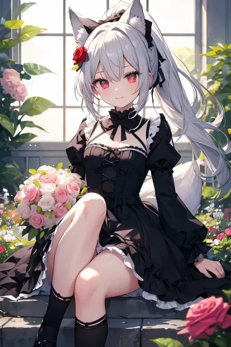 Silver Hair、Red Eye、Fox ears、girl、Small breasts、ponytail、girl、Small breasts、Lolita、Bright smile、Looks about 15 years old、Petan Musume、Short、目のhighlight、Sexy thighs、Flower Garden、color々The flowers are still blooming、bouquet、Rose Gothic Lolita Dress Costume、...