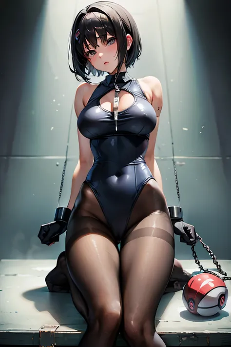 Erica、Pokémon、Black Hair、Short Hair、((Swimsuit))、Large Breasts、Jail、One girl、((pantyhose))、(Long gloves)、(first round)、(Chained)、(leotard)、((Crucified on the examination table))、(Being restrained)