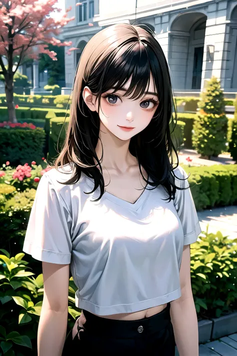 ((best quality)), ((masterpiece)), (detailed), perfect face. Asian girl. Black hair. Garden. Belly. Long pants. V neck.