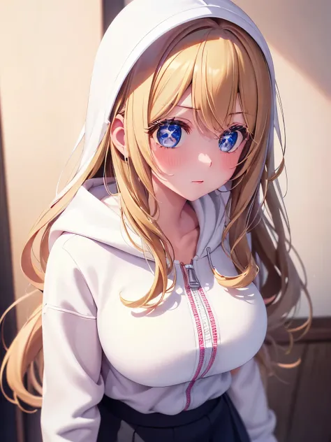 1woman,super beautiful,Standing,blush,talking, close up photo,Beautiful eyes, very detailed face,cute, tennis skirt,HD face, perfect face, white hoodie,long hoodie,black mini skirt,Very big breasts,Blonde hair,long hair,wavy haie,bangs,blue eyes,ultra deta...