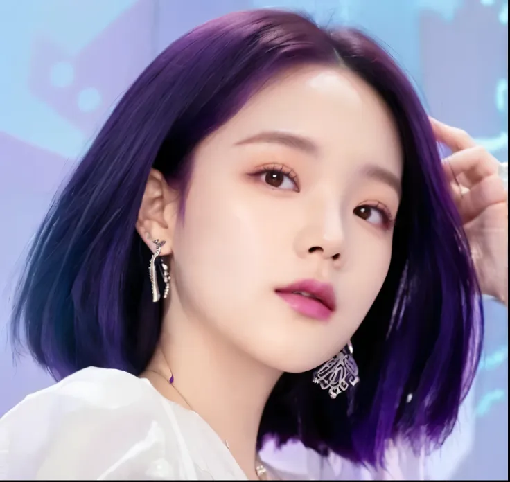 a woman with purple hair and earrings poses for a photo, home, blackpink jisoo’s portrait, sun yunzhu, blackpink josie&#39;s por...