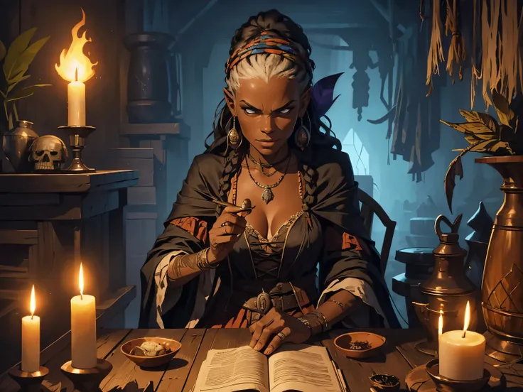 a sinister 70-year old black female voodoo witch from the early 18th century in ragged clothes, she is barefooted, her clothes are adorned with various voodoo related trinkets, she sits on throne made of animal bones, her hair is braided and has colorful f...