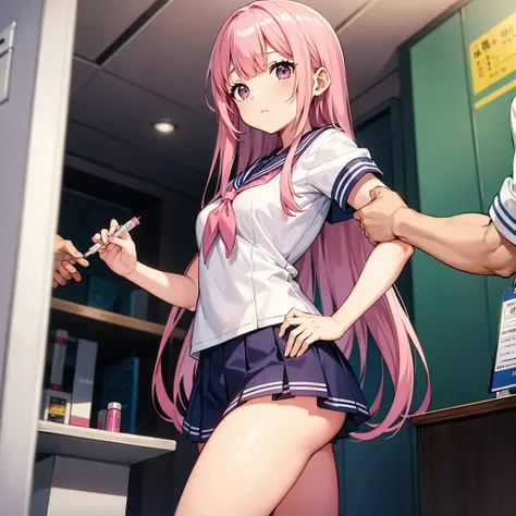 A pink-haired high school girl in a sailor uniform receives a vaccination、A man grabs your arm、Take the syringe and stick it into your upper arm.。.