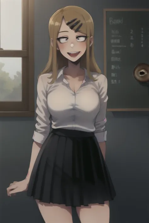 1 Girl, cowboy shot, smile, open mouth, (coffee:1.2), 
Hindu_to me, sanpaku, (black eyes:1.4), blonde hair, long hair, hairclip, White shirt,  mother, pleated skirt, Best quality, masterpiece, a high resolution, 