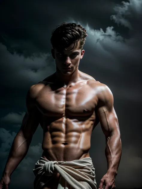 ((masterpiece)),((best quality)),8k, high detailed, ultra-detailed, Stylish Pose, real skin texture, dark cinematic lighting, 24 year-old Italian male model, barechested, shirtless, handsome italian, cute looking, divine look, powerful light blue eyes, Zeu...