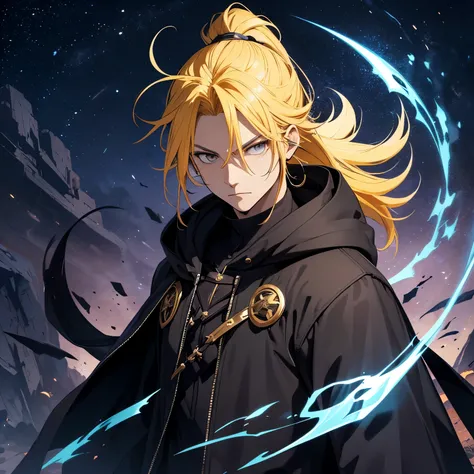 powerful being, dark mage, a man, celestial being, Powerfull Rune Wind Magic, Ponytail Hair, Yellow Hair, Black eyes, Hoodie Mage Coat, Powerful Guild Leader.