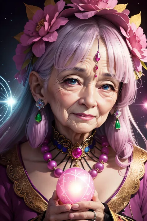 A shining old lady adorned with various jewels，Staring straight into the camera，Mouth slightly open、 in the center，Very bright color, Light Particles, The light shines, Musibu, Wallpaper Art, UHD Wallpaper,Background pink、Divination for meditation、Mysterio...