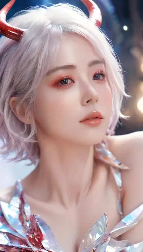 masterpiece,best quality,high quality,Delicate face,delicate eyes,Medium breasts,(Red skin:1.3),short hair,They,They horns,Close one eye,Detailed clothes,painting,whole body,white hair,