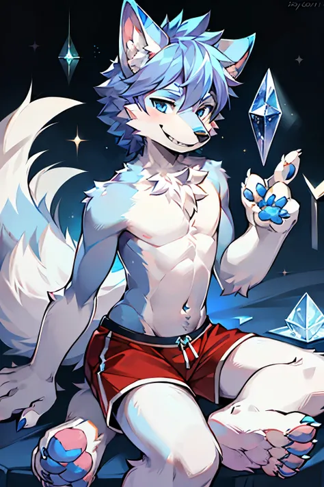 Majestic Wolf Boy, Furry Anthropomorphism,
Silver fur with azure undertones, Crystal blue eyes,
((Canine nose)), White claws, Pale blue feet, Hands resembling a wolfs paw,
((Detailed wolf paws: 1.2)), White teeth peeking from a slight smile,
((Relaxed pose...