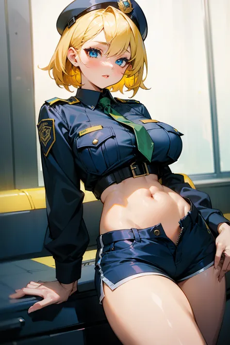 Girl, policewoman, short yellow hair, blue eyes, big breasts, exposed stomach, tight shorts, beauty, seductive