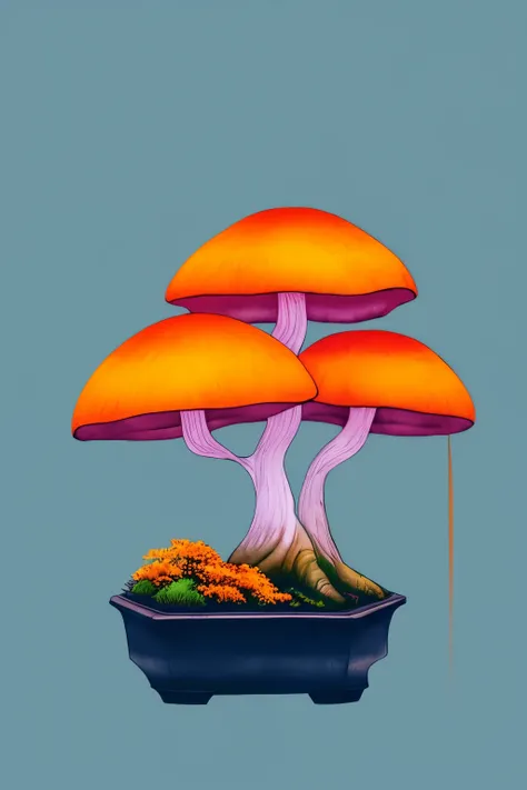 Orange Mushrooms,like bonsai,luminous design, pastel colours, ink drips, autumn lights