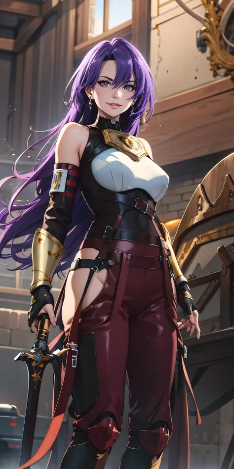 anatomically correct, best quality, masterpiece, high quality, high details, highres, HD, (shaded face:1.2), hollow eyes, purple eyes, looking at viewer, seductive smile, lips, purple hair, long hair, hip vent fingerless gloves bare shoulders belt red pant...