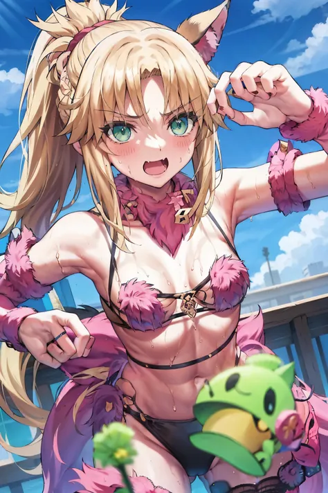 Masterpiece, Best Quality, illustration, city, 1girl, Mordred (fate), collarbone, Detailed blond hair ponytail braid, green eyes,,navel,thigh-high, covered_pussy,flat_chest,long_sworddangerousbeast,elbow_gloves,
,wolf_tail,wolf_ears,fang,happy,nihil,smile,...