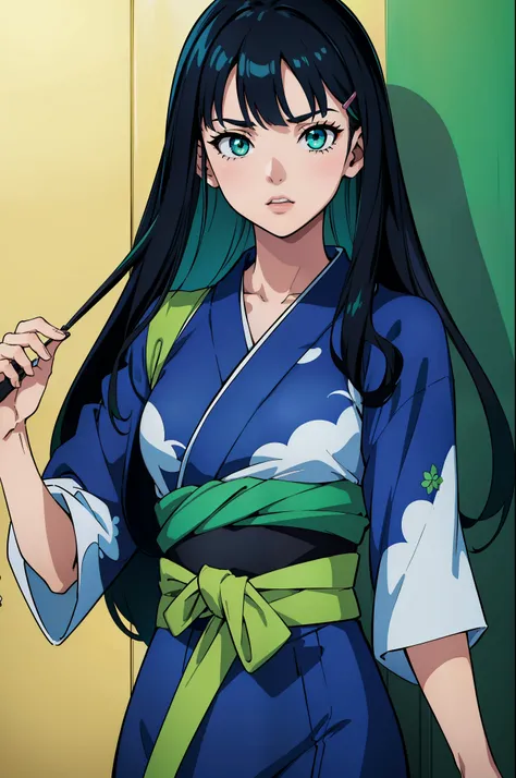 (masterpiece, highest quality, High resolution:1.4), wallpaper, whole body, One girl, Long Hair, (Blue Hair:1.0), (Black Hair:1.0), Green Eyes, Multicolored Hair, Gradient Hair, Small breasts, Turn to the side, yukata , Have a party popper, night, Hair Cli...