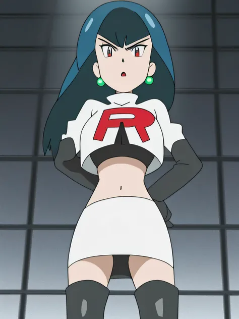 8k, masterpiece,highres,very large breast, team rocket uniform, red letter r, white skirt,white crop top,black thigh-high boots, black elbow gloves, glaring angrily, looking down at viewer, hands on hips, cowboy shot, zettai ryouiki,from below, black panti...